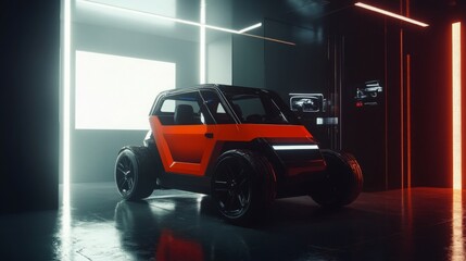 Poster - A compact electric vehicle showcases its modern design in a sleek urban setting, illuminated by colorful neon lights.