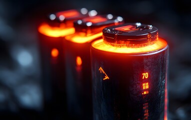 Poster - Glowing batteries with digital displays, suggesting advanced energy technology.