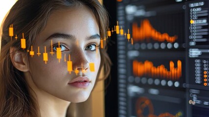 Poster - Young woman analyzing financial data on a screen with trading charts during the day at office