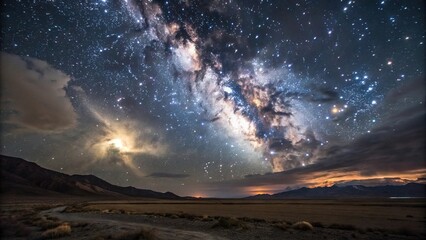 Canvas Print - majestic night sky with swirling clouds of gas and dust illuminated by a brilliant binary star, cosm