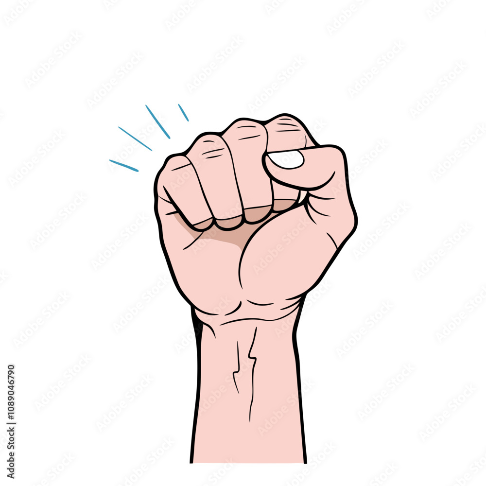 Cartoon light-skinned clenched fist with dynamic burst lines. Bold pop ...
