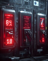 Poster - Digital display panels with red readouts and cables, likely for monitoring or control.