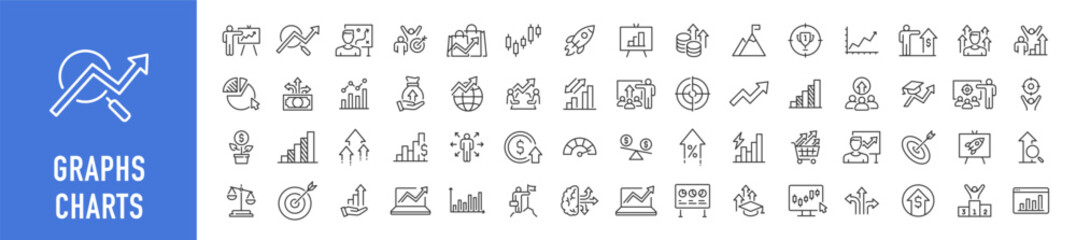 Poster - Graph and Charts web icons in line style. Graphics, infographic, statistics, data, diagrams, economy reduction, finance, down or up arrow, business, increase, decrease. Vector illustration.
