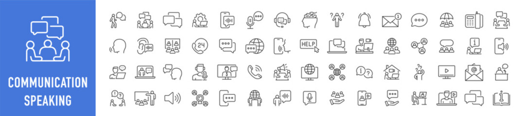 Poster - Communication and speaking web icons in line style. Chat, speech bubble, talking, point, chat, support, message, phone, globe, call, info collection. Vector illustration.