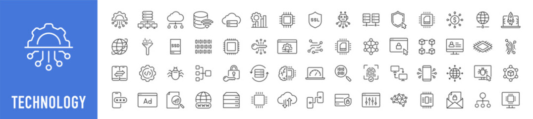 Poster - Technology web icons in line style. Computing, social network, management, internet, network, programming, Internet connection collection. Vector illustration.