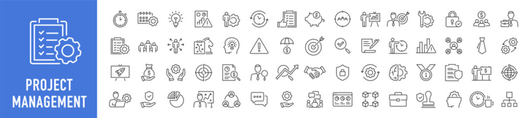 Poster - project management web icons in line style. schedule, human resource, management, development, plann