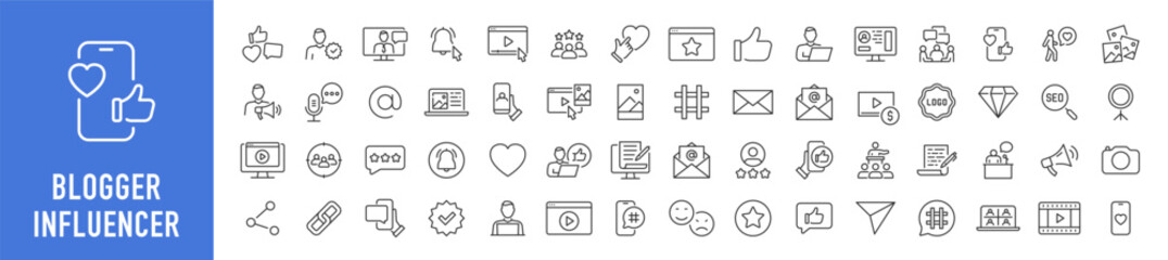 Fototapete - Blogger and Influencer web icons in line style. Blog, monetization, personal brand, video, likes, social media, collection. Vector illustration.