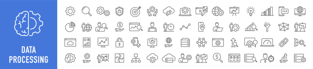 Poster - Data Processing web icons in line style. Analytics, gear, network, statistic, filter, diagrams, technology. Icon collection. Vector illustration.