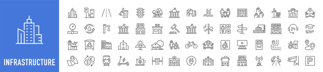 Infrastructure web icons in line style. Transport, road, mall, airport, police, school, park, water, collection. Vector illustration.