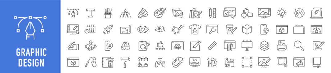 Fototapete - Graphic design web icons in line style. Icons for graphic designer, creative package, stationary, software, creativity, tools, drawing, collection. Vector illustration.