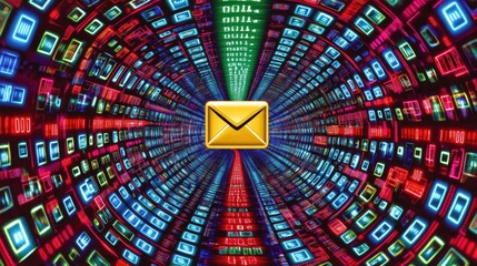 Poster - A vibrant email icon at the center of flowing digital data, emphasizing its importance in modern technology.