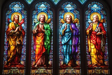 Poster - Four apostles praying in stained glass window depicting religious figures