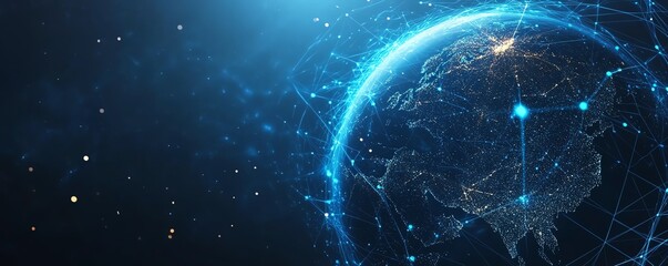 Aufkleber - Digital Earth planet with global connectivity, network background, blue glowing light effect, technological world, global communication and data flow