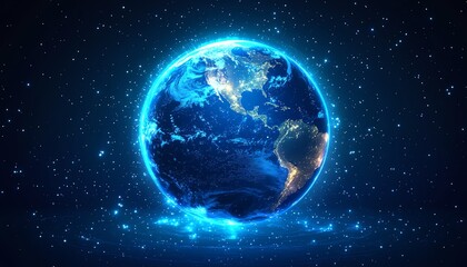 Poster - Earth as a digital planet with blue glowing lights, technology background, global connectivity, network concept, futuristic data and communication