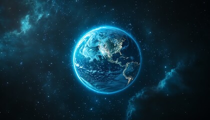 Aufkleber - Earth as a digital planet with blue glowing lights, technology background, global connectivity, network concept, futuristic data and communication