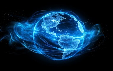 Aufkleber - Planet Earth in digital form with blue glowing light effect, network and global connectivity, futuristic technology background, digital world concept