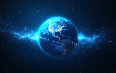 Poster - Planet Earth in digital form with blue glowing light effect, network and global connectivity, futuristic technology background, digital world concept
