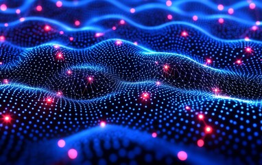 Aufkleber - Dark blue background with blockchain technology waves and glowing dots, abstract representation of big data network, digital connections, futuristic style