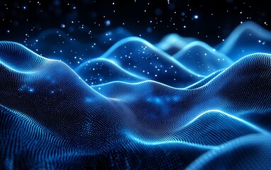 Aufkleber - Dark blue background with blockchain technology waves and glowing dots, abstract representation of big data network, digital connections, futuristic style