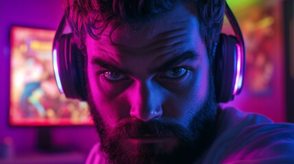 Poster - A young man with a beard and serious expression wears headphones while playing video games at home.