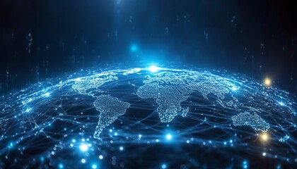 Fototapete - Digital planet Earth on technology background, network and global connectivity concept, blue glowing light effect, futuristic world, technological innovation