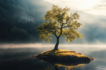 Wall Mural - Solitary tree on a small island in a serene misty lake, surrounded by lush mountains under soft sunlight, creating a tranquil atmosphere.
