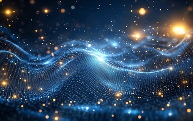Aufkleber - Digital waves and glowing dots on dark blue background, representing blockchain technology, abstract big data network connections, futuristic innovation
