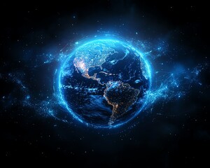 Aufkleber - Planet Earth in digital form with blue glowing light effect, network and global connectivity, futuristic technology background, digital world concept