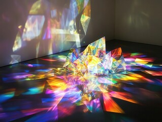 Wall Mural - prismatic rainbow light dances on a dark surface, creating a captivating holographic effect with vibrant colors and crystal-clear reflections, evoking a sense of wonder
