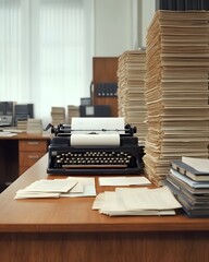 Poster - A vintage typewriter surrounded by stacks of papers in an office setting.