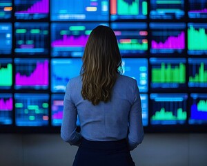 Poster - A businesswoman analyzes financial data on vibrant digital screens in a modern office environment.