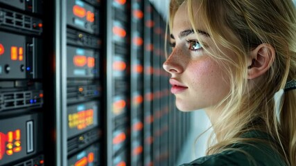 Poster - Young woman examining server racks in a modern data center during daylight hours