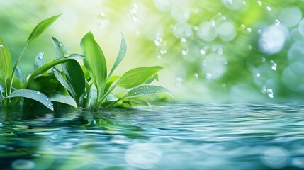 Wall Mural - A leafy plant is floating in a body of water