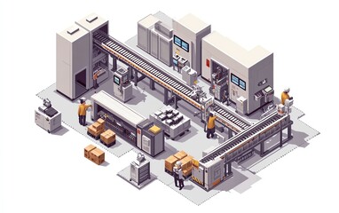 Poster - Vector illustration of an electronic factory, isometric view, automated conveyor line, industrial robots, plant workers managing production