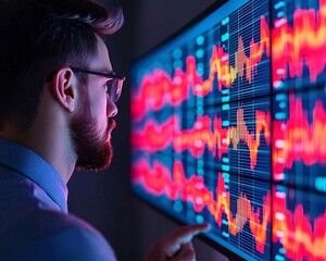 Poster - A man analyzes vibrant data visualizations on a screen, showcasing modern technology and innovation in action.