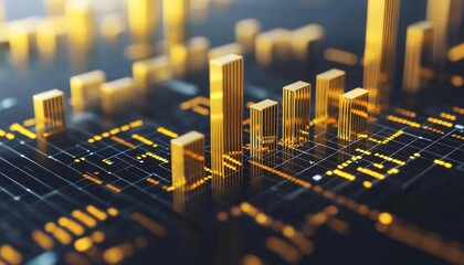 Poster - A stunning close-up of golden bar graphs on a digital interface, showcasing modern data analytics and innovation.