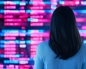 Poster - A woman gazes at a colorful digital screen displaying data, representing modern technology and innovation.