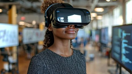 Poster - Woman exploring virtual reality technology at a modern office space during a tech event