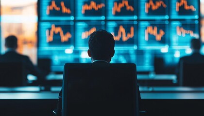Poster - Business professional analyzes market trends on multiple monitors, capturing the essence of modern finance.