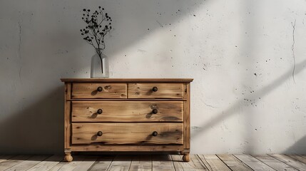 Canvas Print - A wooden dresser with drawers and a vase on top, illuminated by natural light against a textured wall.