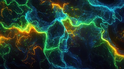 Poster - Vibrant, abstract pattern with swirling, luminous streams of green and yellow light on a black background, resembling cosmic energy or a futuristic digital landscape