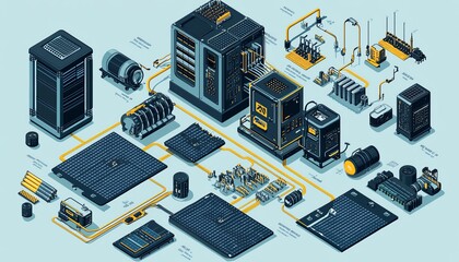 Poster - Solar plant energy system diagram, isometric vector style, solar cell equipment and ongrid inverter components, renewable energy flow