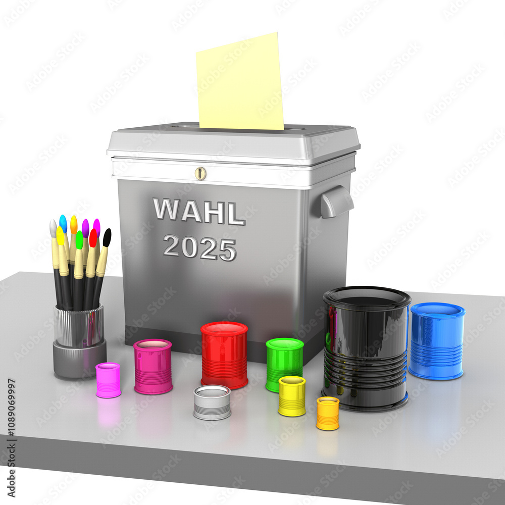 Bundestagswahl Deutschland, Wahl, 2025. Wahlurne mit Farben der ...