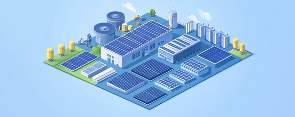 Poster - Vector illustration of solar plant infrastructure, solar cell equipment, ongrid inverter system, isometric perspective, clean renewable energy