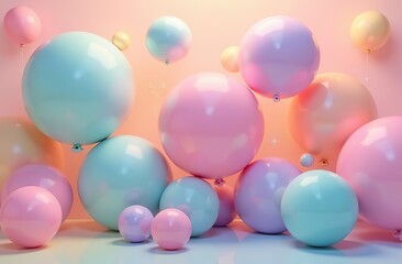 Wall Mural - 3D illustration of round balloons of different pastel colours and various sizes on a colorful background