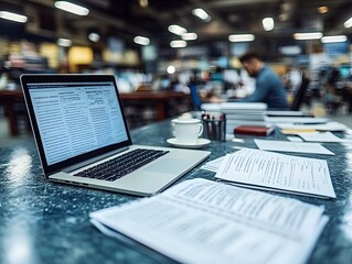 Poster - A workspace featuring a laptop, papers, and a coffee cup in a busy environment.