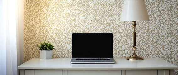 Poster - A workstation with a laptop, and desk lamp on a white table in a minimalist interior with a patterned wallpaper wall