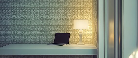 Poster - A workstation with a laptop, and desk lamp on a white table in a minimalist interior with a patterned wallpaper wall