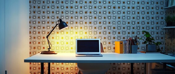 Poster - A workstation with a laptop, and desk lamp on a white table in a minimalist interior with a patterned wallpaper wall