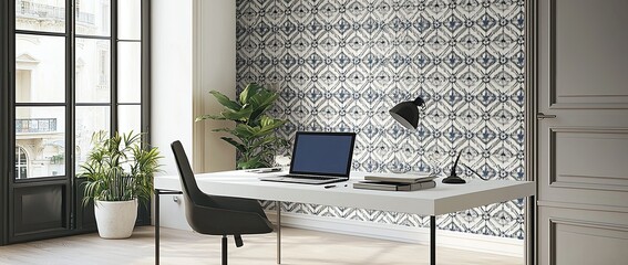Poster - A workstation with a laptop, and desk lamp on a white table in a minimalist interior with a patterned wallpaper wall